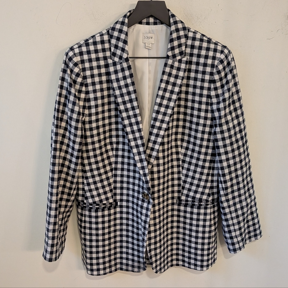 J. Crew Factory Gingham Linen Blend Holland Blazer Size 12 READ tailored*